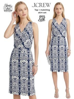 J.Crew Abigail Borg 2PC tropical silk top & matching midi skirt